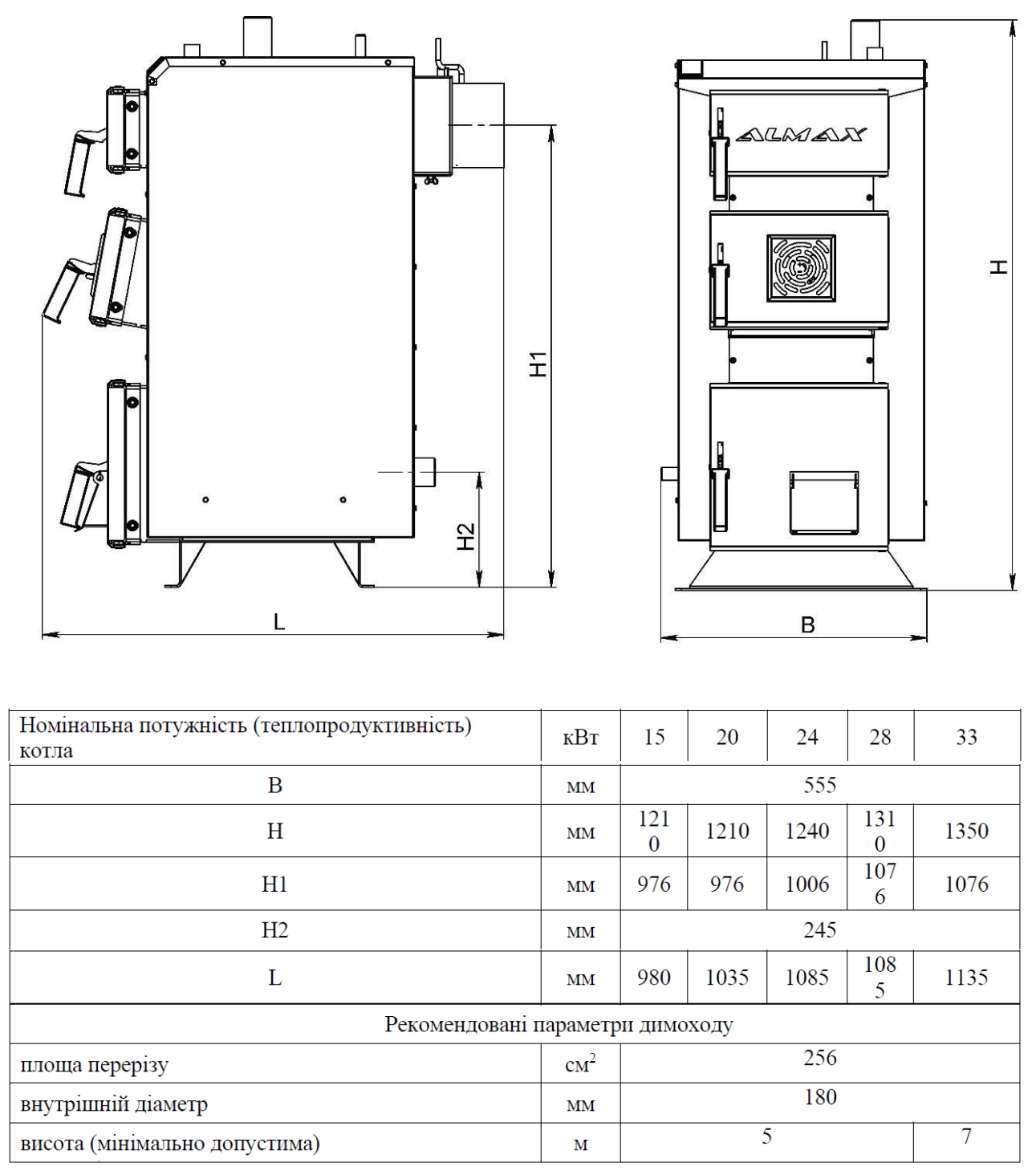 Габаритне креслення котла ALMAX CLASS B — висота, ширина та монтажні розміри